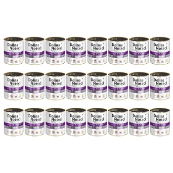 Puszki premium karmy dla zwierząt Dolina Noteci dla królików, z fioletową etykietą z napisem 'Wysoka jakość dla królików', ułożone w siatkę.