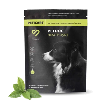 Schwarze und grüne Tiernahrungspaket mit der Aufschrift "PETDOG HEALTH 2503," mit einem Hundesilhouette und Text: "STÄRKT MUSKULATUR FÖRDERT BEWEGLICHKEIT."