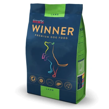 Sensitive 3 kg Bag of "Winner" premium dog food with lamb flavor, featuring a colorful silhouette of a dog, and icons for ingredients and nutrients.