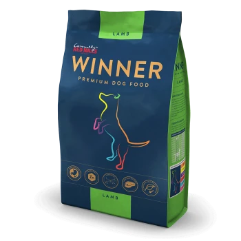 Bag of "Winner" premium dog food with lamb flavor, featuring a colorful silhouette of a dog, and icons for ingredients and nutrients.