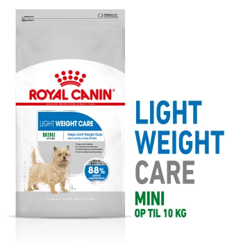 Royal Canin Light Weight Care Hundefutterbeutel mit einer Illustration eines kleinen Hundes, die besagt: 'Hilft, Gewichtszunahme zu begrenzen' und '88% gesünderes Gewicht.'