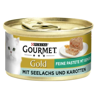 Eine Dose Purina Gourmet Gold Katzenfutter mit einer weißen Katze auf dem Etikett, mit dem Hinweis, dass es sich um eine feine Pastete mit Fisch und Karotten handelt.