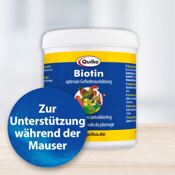 Quiko Biotin Ergänzungsmittel für Vögel, mit einem bunten Design und einem blauen Kreis mit "Zur Unterstützung während der Mauser."