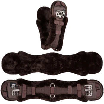 Brauner Kunstfell-Pferdegurt mit Metall-Schnallen und einem gesteppten Stofffutter, in drei Abschnitten präsentiert.