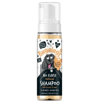 Bugalugs No Rinse Haferflocken-Shampoo für Hunde, 200ml Flasche, mit einem Cartoon-Hund, mit Text, der vegan, pH-ausgeglichen und parabenfrei hervorhebt.