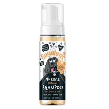 Bugalugs No Rinse Haferflocken-Shampoo für Hunde, 200ml Flasche, mit einem Cartoon-Hund, mit Text, der vegan, pH-ausgeglichen und parabenfrei hervorhebt.