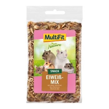 Przezroczysta torba z mieszanką białkową dla małych zwierząt, oznaczona "MultiFit Nature Snack Eiweiß-Mix", z obrazkami zwierząt i tłumaczeniami.