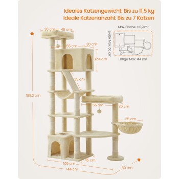Beigefarbener Kratzbaum mit Höhle, Hängematte und Sitzplätzen sowie orangefarbenen Maßangaben; Schriftzug: „Ideales Katzengewicht: Bis zu 11,5 kg“.