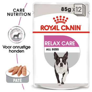 Royal Canin Relax Care hondenvoer verpakking met een rennende Boston Terrier, gemarkeerd 'Relax Care' voor alle maten, 85g x 12.