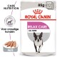 Royal Canin Relax Care hondenvoer verpakking met een rennende Boston Terrier, gemarkeerd 'Relax Care' voor alle maten, 85g x 12.