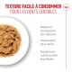 Nourriture humide pour chien dans un bol avec texte en français soulignant la texture facile à manger pour les dents sensibles et une nutrition équilibrée.