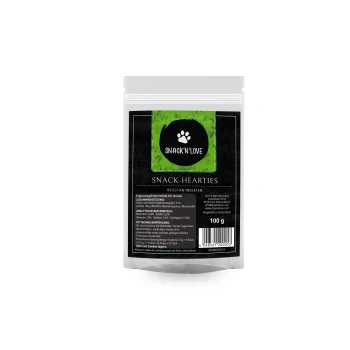 Snack'N'Love Snack-Hearties für Hunde, 100g Packung, mit insektbasierten Zutaten, Nährwertanalyse und Fütterungsempfehlungen.