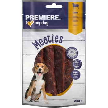 Premiere I Love My Dog Meaties dog treats packaging featuring two strips of meat, labeled with "95% Fleisch" and "60g."