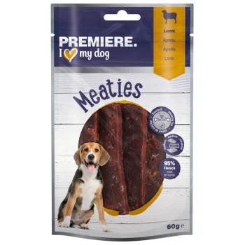 Premiere I Love My Dog Meaties dog treats packaging featuring two strips of meat, labeled with "95% Fleisch" and "60g."