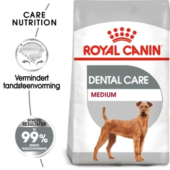 Royal Canin Dental Care hondenvoerzak met een middelgrote hond, die de tandheelkundige gezondheid en 99% tandplakreductie benadrukt.