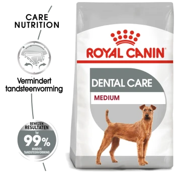 Royal Canin Dental Care hondenvoerzak met een middelgrote hond, die de tandheelkundige gezondheid en 99% tandplakreductie benadrukt.