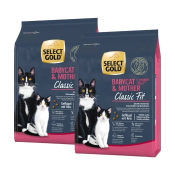Zwei Beutel Select Gold Babycat & Mother Classic Fit Katzenfutter, mit einer schwarz-weißen Katze und einer dreifarbigen Katze auf der Verpackung.