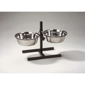 Support de bol de nourriture pour animaux en acier inoxydable avec hauteur réglable et cadre en métal noir.