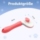 Ein Haustierpflegewerkzeug mit einem pinkfarbenen, strukturierten Griff und einem weißen Kopf, mit den Abmessungen 20 cm x 11 cm, beschriftet 'Produktgröße.'