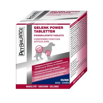 Box mit PetBalance Gelenk Power Tabletten für Hunde, mit Illustrationen eines Hundes und Gelenken, mit Text, der die Vorteile für die Gelenkgesundheit hervorhebt.