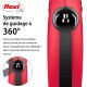 Image d'une laisse rétractable pour chien rouge Flexi avec un système de guidage à 360°. Le texte met en avant son design sans enchevêtrement.