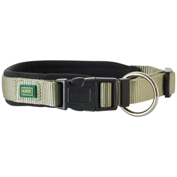 Ein grüner und schwarzer verstellbarer Hundehalsband mit einer Kunststoffschnalle und einem Metall-D-Ring, mit einem kleinen "HUNTER"-Logo.