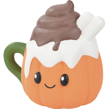 Orange pumpkin mug pet toy with green handle, white icing, brown chocolate swirl, marshmallow and smiling face.