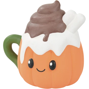 Orange pumpkin mug pet toy with green handle, white icing, brown chocolate swirl, marshmallow and smiling face.