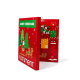Eine festliche rote Box mit einem Cartoon-Hund, der einen grünen Hut und einen roten Schal trägt und fröhlich mit einem Glockenornament läuft. Der Text lautet 'FROHE WEIHNACHTEN.'