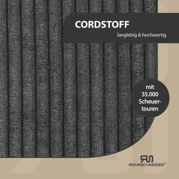 Grauer Cordstoff mit vertikalen Streifen, beschriftet mit 'CORDSTOFF' und 'langlebig & hochwertig', mit einer Haltbarkeit von 35.000 Scheuertouren.
