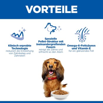Vorteile von Hundefutter: klinisch getestete Technologie reduziert Plaque, spezielle Pelletstruktur reinigt die Zähne, Omega-6 und Vitamin E für glänzendes Fell.
