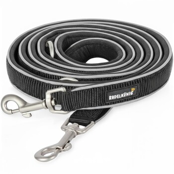 Schwarze Hundeleine, aufgerollt mit reflektierenden Kanten, mit einem Metallclip und einem Etikett, das "Rudelkönig" liest.