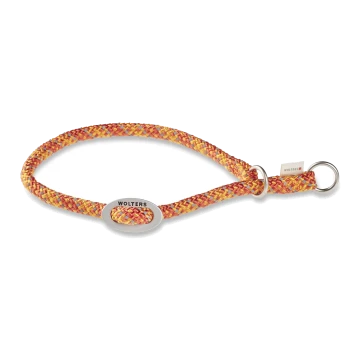 Wolters geflochtenes rotes und gelbes Hundehalsband mit Metallringen und Wolters-Logoanhänger.
