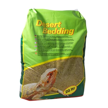 Grüne Tasche mit der Aufschrift "Desert Bedding" für Reptilien, mit einem Bild eines Bartagamen und einem Fassungsvermögen von 20 Litern, mit mehrsprachigem Text zur Verwendung.