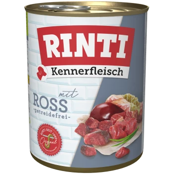 Dosen-Hundefutter mit der Aufschrift "RINTI Kennerfleisch mit ROSS," mit Fleisch- und Leberstücken auf einem hellen Hintergrund, getreidefrei.