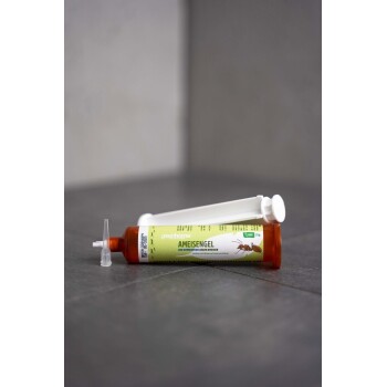 Greenhome Ameisengel in einer Tube, mit einem grünen Etikett mit einer Ameisenillustration und dem Text "zur Anwendung gegen Ameisen."