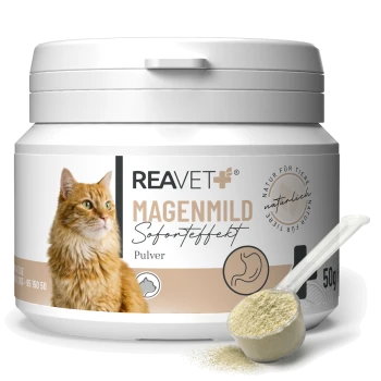 Behälter von REAVET+ Magenmild Tierpulver, zeigt eine orange Katze und Text über natürliche Inhaltsstoffe und schnelle Wirkungen.