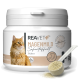 Behälter von REAVET+ Magenmild Tierpulver, zeigt eine orange Katze und Text über natürliche Inhaltsstoffe und schnelle Wirkungen.