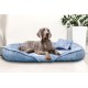 Ein grauer Weimaraner-Hund, der auf einem weichen blauen Hundebett mit passendem Kissen entspannt, vor einer hellen Wand und Grünpflanzen.