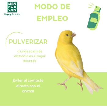Ein gelber Kanarienvogel steht nach rechts, mit spanischen Anweisungen: "Modo de Empleo," "Pulverizar," und "Evitar contacto directo."