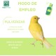 Ein gelber Kanarienvogel steht nach rechts, mit spanischen Anweisungen: "Modo de Empleo," "Pulverizar," und "Evitar contacto directo."
