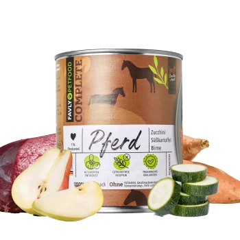 Nassfutter Pferd mit Zucchini, Süßkartoffel & Birne 6x800 g Eine Dose Pferdefutter mit der Aufschrift 'Pferd', die Zutaten wie Zucchini, Süßkartoffel und Birne enthält, mit einem Fleischanteil von 71%.