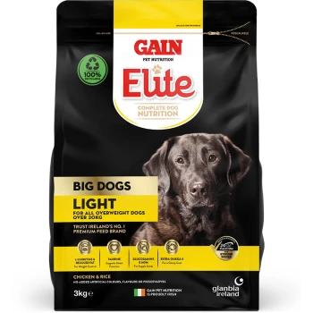 Big Dogs Light 3 kg Gain Elite Complete Dog Nutrition, 3kg bag for big dogs, labeled "Light" for overweight dogs over 20kg, featuring a brown dog.