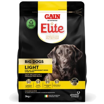 Gain Elite Complete Dog Nutrition, 3kg bag for big dogs, labeled "Light" for overweight dogs over 20kg, featuring a brown dog.