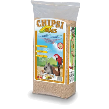 Sac de 15 kg de litière pour petits animaux CHIPS MAIS avec une étiquette colorée mettant en avant un lapin, un cochon d'Inde et un perroquet, soulignant les avantages sans poussière.