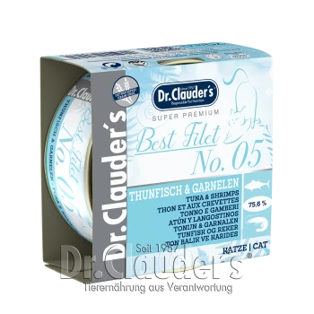 Dr. Clauder's Super Premium Best Filet No. 05 Katzenfutterdose, die Thunfisch und Garnelen enthält, mit 75,6% Fischgehalt, in mehreren Sprachen.