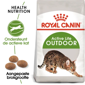 Royal Canin Active Life Outdoor kattenvoerzak met een illustratie van een Bengaalse kat, met tekst die de gezondheidsvoeding en op maat gemaakte brokjesgrootte benadrukt.