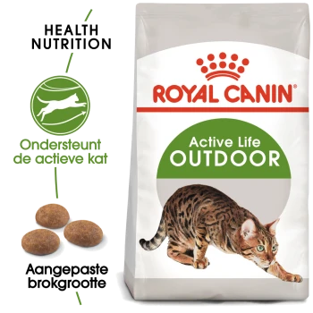 Royal Canin Active Life Outdoor kattenvoerzak met een illustratie van een Bengaalse kat, met tekst die de gezondheidsvoeding en op maat gemaakte brokjesgrootte benadrukt.