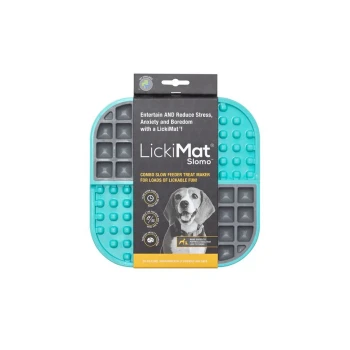 LickiMat Slomo pet feeding mat, featuring a dog image, with text promoting stress relief and boredom reduction for pets.