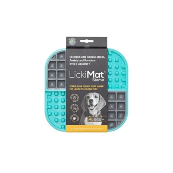 LickiMat Slomo pet feeding mat, featuring a dog image, with text promoting stress relief and boredom reduction for pets.